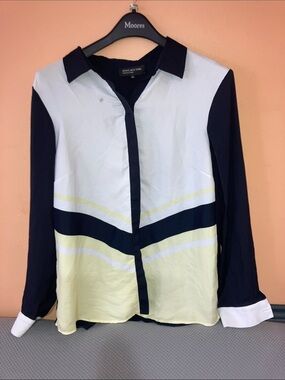 Jones New York Navy, White & Pale Yellow Colorblock Button-Front Blouse